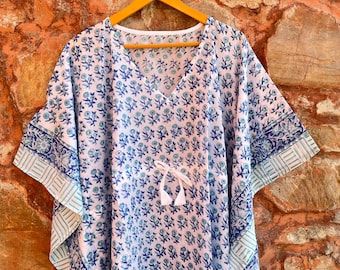 Floral Block Print Cotton Caftan: Handmade Beach Cover-Up Dress