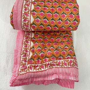 Indian Cotton Handmade Quilted Razai, Floral Hand Block Print Winter Warm Razai Quilt Throw Bedspread Queen Size Blanket Doctor Cotton Quilt