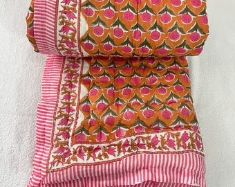 Indian Cotton Handmade Quilted Razai, Floral Hand Block Print Winter Warm Razai Quilt Throw Bedspread Queen Size Blanket Doctor Cotton Quilt