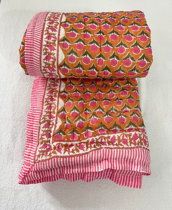 Hand Block Print Cotton Razai Quilt: Floral Indian Blanket Bedspread