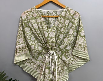 Green Floral Block Print Cotton Kaftan Dress: Plus Size Sleepwear