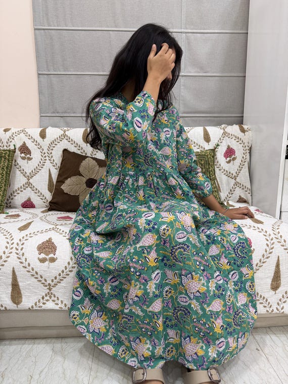Hand Block Print Cotton Dress, Ethnic Beach Cover-up, Indian Midi Gown Top