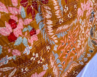Floral Monkey Print Kantha Quilt: Handmade Queen Size Blanket