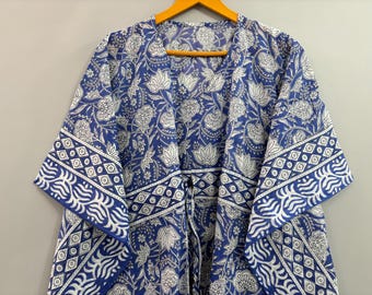 Floral Block Print Cotton Caftan: Blue Summer Maxi Tunic, Plus Size