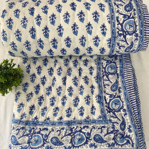 Winter Warm Razai Quilt, Bedspread Quilt Ethnic Hand Block Print Coverlet Quilt Blanket100% Cotton Light Weight Winter Reversible Razai ,
