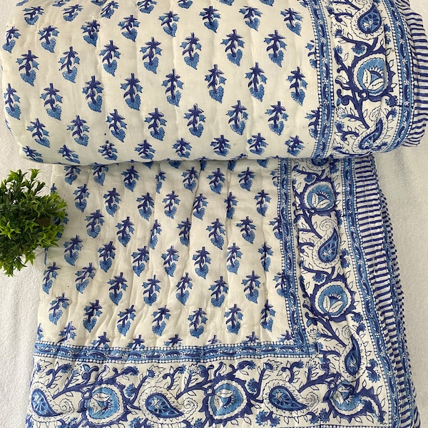 Hand Block Print Razai Quilt: Lightweight Cotton Winter Blanket