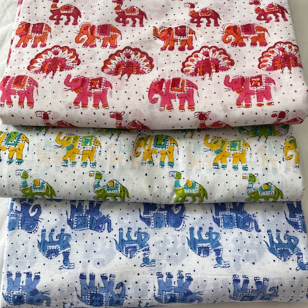 Animal Block Print Fabric, Indian Cotton Handmade Fabric, Running Loose Fabric, Women Dressmaking Fabric, Handmade Dress Fabric Crafting