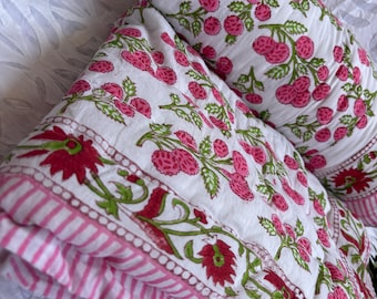 Pink Floral Block Print Baby Blanket: Organic Cotton Quilt