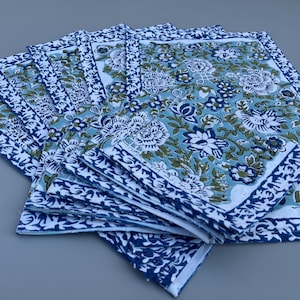 Block Printed Cotton Placemat Set: Handmade Floral Dining Mats & Napkins