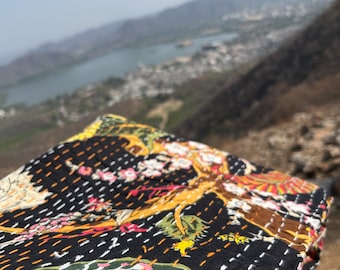 Floral Print Queen Kantha Quilt: Black Indian Bedding Cover