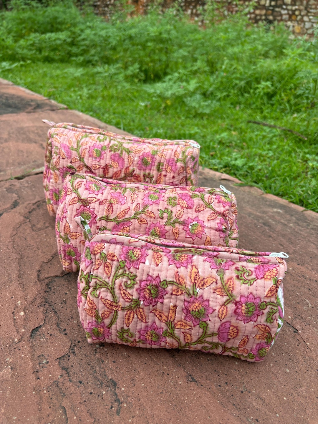 Floral Block Print Quilted Makeup Bags: Set of 3 Waterproof Pouches - Etsy