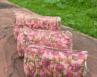 Floral Block Print Quilted Makeup Bags: Set of 3 Waterproof Pouches