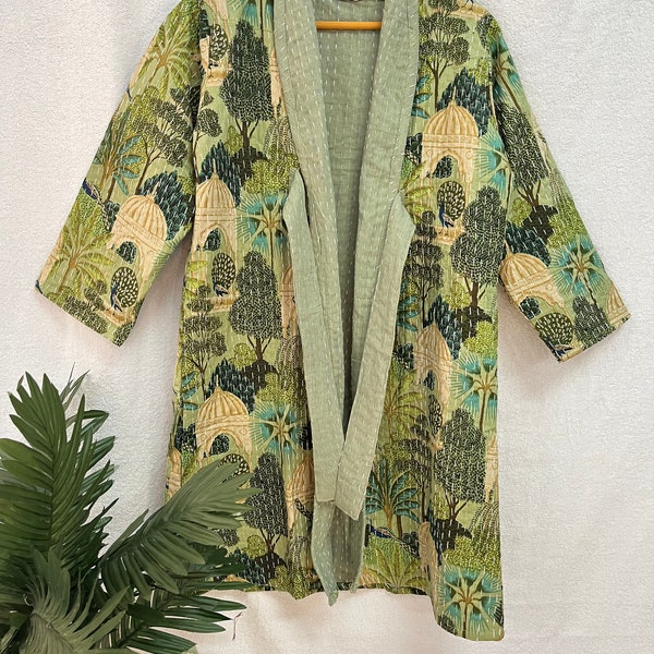 Floral Print Quilted Winter Short Coat Suit, Christmas Sale!! Indian Handmade Kantha Quilt Short Jacket, Kimono Women Wear Open Quilt Jacket