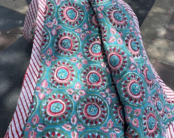 Indian Reversible Blanket Razai, Cotton Handmade Floral Block Print Quilt, Winter Warm Quilt