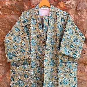 Hand Block Printed Kantha Kimono, Handmade Kantha Jackets Japanese Kimono, Style Black Print Kantha Robe Winter jackets Kantha Kimono Robe