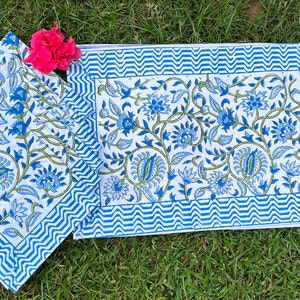 Christmas Gift !! Blue Leaf Block Print Placemat, Napkin Set Table Decor Canvas Cotton Dinning Placemat, Home Washable set of 6 Placemat