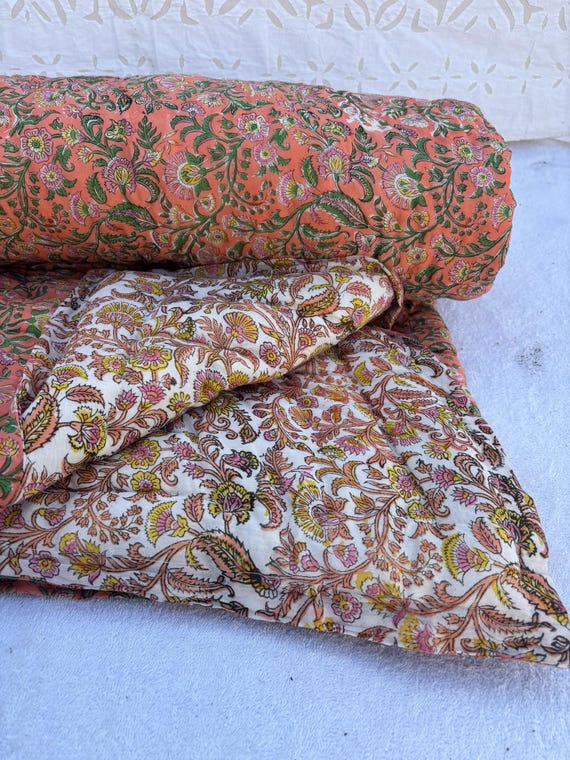 Floral Print Queen Razai Quilt: Organic Cotton Bedspread