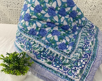 Floral Block Print Winter Warm Razai Quilt, Blue Rose Print Handmade Quilted Razai, Throw Bedspread Queen Size Blanket Docter Cotton Quilt