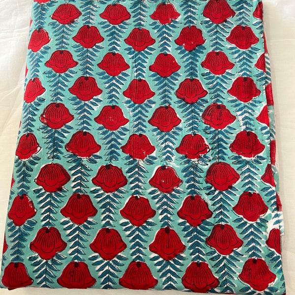 Red Rose Block Print Cotton Fabric, Ethnic Running Sewing Fabric !! Cotton Hand Block Print Fabric, By The Yard Crafting Quilting Makeing