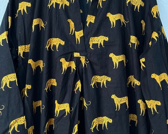 Vestido de algodón con estampado de tigre: Vestido largo con estampado de bloques Jaipuri