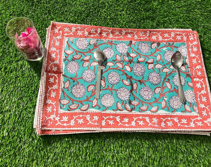 Designer Table Cloth Placemats With Napkins Floral Block Printed Table