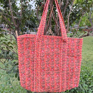 Quilted Cotton Handprinted Reversible Large Multicolor Floral Tote Bag Eco friendly Sustainable Sturdy Grocery Shopping Handmade Boho bag