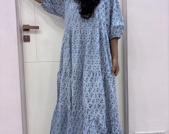 Robe midi en coton imprimé floral à la main | Style bohème, vêtement femme, tunique ethnique bohème avec poches