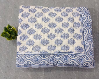 Leaf Block Print Baby Quilt: Handmade Indian Cotton Throw (44x70 Inches)