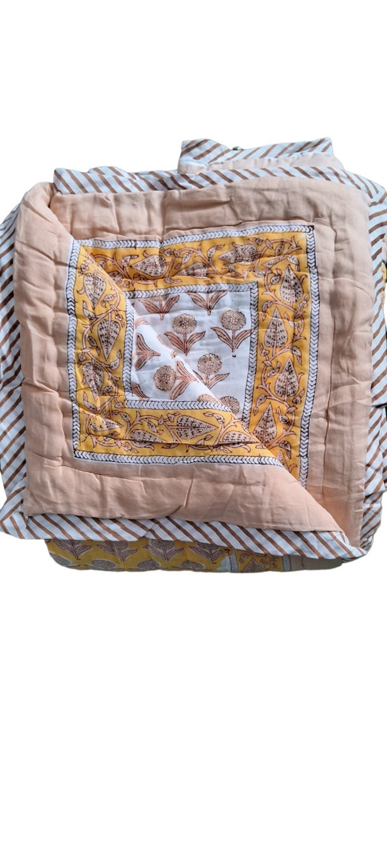 Yellow Block Print Razai Reversible Indian Bedspread Handmade Quilt Blanket Throw Cotton Filling Winter Warm Quilt Queen Floral Print Razai image 4