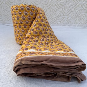 Yellow Floral Block Print Quilt: Reversible Indian Cotton Razai