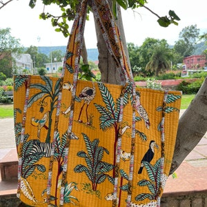 Organic Cotton Quilted Tote Bag, Jungle Block Print Tote Bag, Quilted Tote Bag , Jaipuri Handmade Padded Quilted Work Best For Women&#39;s Gift