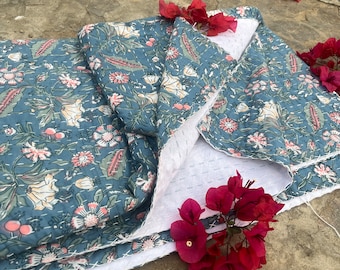 California King Floral Kantha Quilt: Hand Block Print Cotton Bedspread