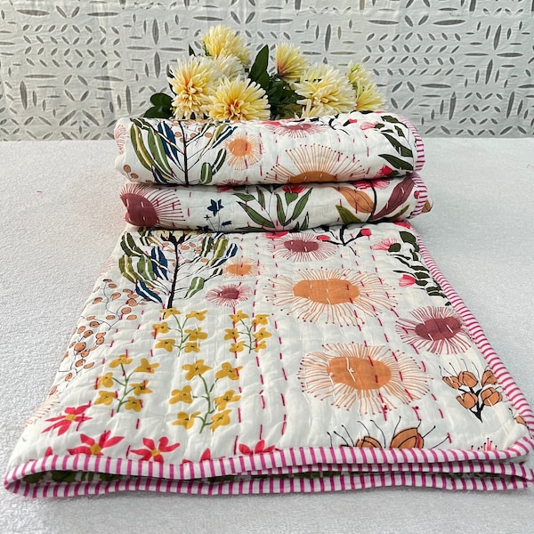 Baby Shower Gift !! Kantha Baby Blanket Cotton Quilt, Nursery Baby Bedspread Toddler Bedcover, Hand Stitched Summer Quilt, Blanket For Kids