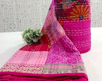 Colcha Kantha Patchwork Sari Rosa: Colcha Boho Queen Size