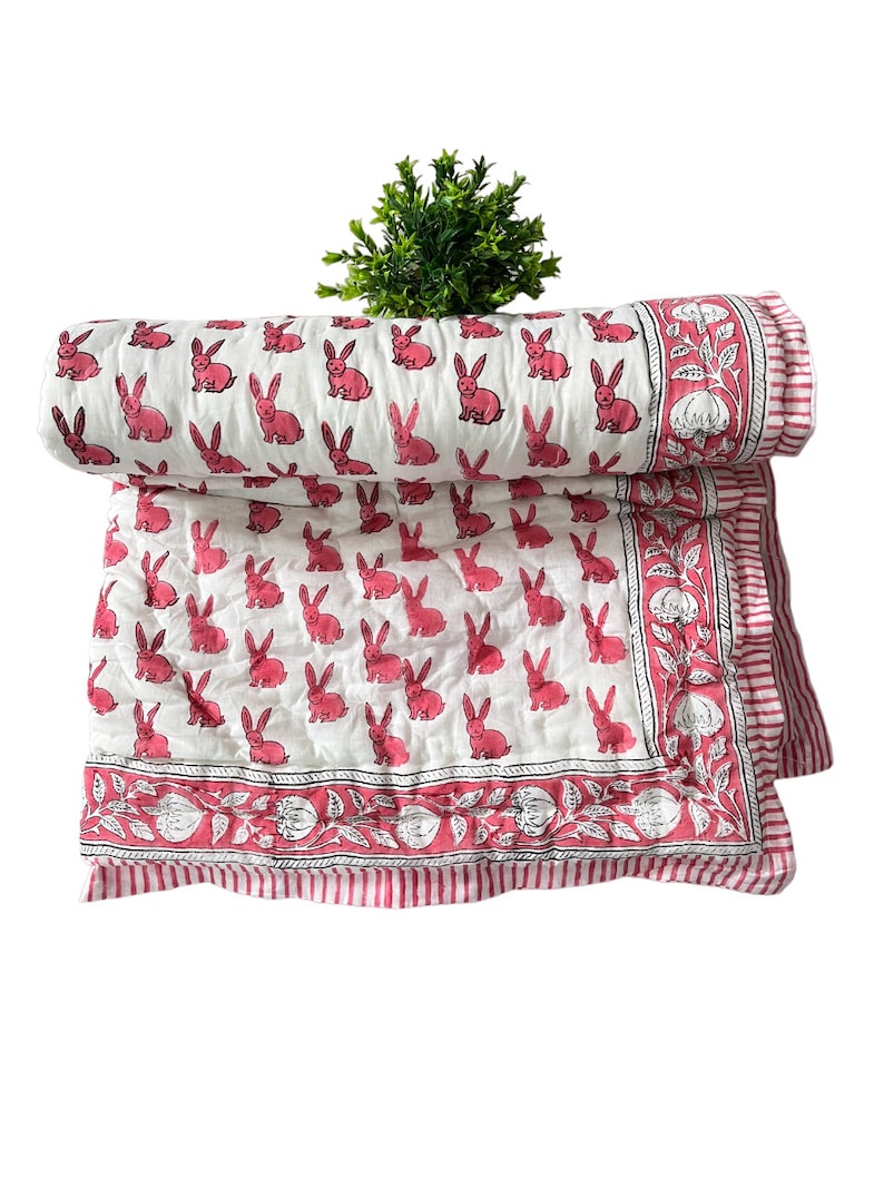 Beautiful Rabbit Print Duvet Cover Traditional Toddler Hand Work Kantha