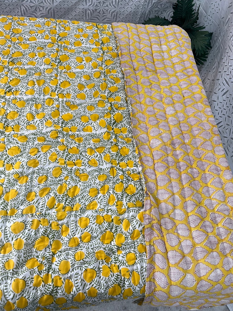 Yellow House Quilt Indian Floral Handmade Jaipuri Razai, Light Weight Reversible Quilt, Bedding Bedspread Coverlet Warm Winter Blanket Throw image 10