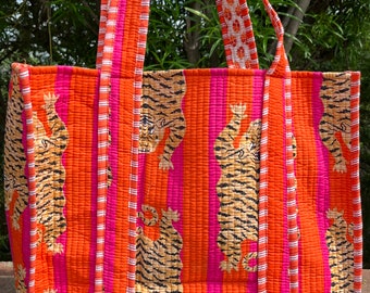 Jaipuri Tiger block Print Tote Bag Indian Handmade Cotton Shopping Tote bag Unisex Tote Bag Handmade Block Printed Quilted Shoulder Tote Bag