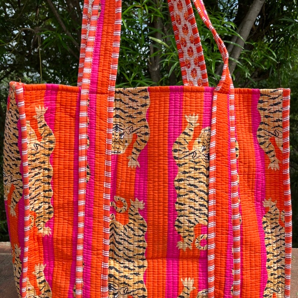 Jaipuri Tiger block Print Tote Bag Indian Handmade Cotton Shopping Tote bag Unisex Tote Bag Handmade Block Printed Quilted Shoulder Tote Bag