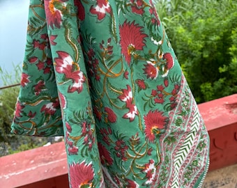 Green Floral Block Print Cotton Dohar: Indian Summer Quilt