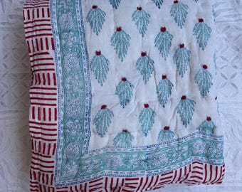 Hand Block Printed Cotton Baby Quilt: Floral Leaf Blanket