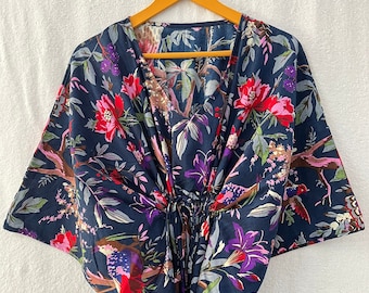 Handmade Bird Print Cotton Kaftan Maxi Dress: Beach Cover Up