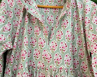 Summer Earthy Elegant Comfy Daywear Beach Outfit Gown Dress Indian Cotton Dress Collection Floral Print Top, Organic Cotton Handmade Gown