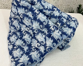 Jaipuri Handmade Razai Blue Asters With Flower Block Print Quilt Razai, Reversible Cotton Quilted Razai, Bedding Throw Bedspread Blanket Top