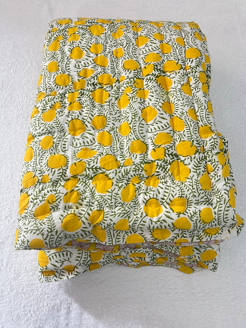 Yellow House Quilt Indian Floral Handmade Jaipuri Razai, Light Weight Reversible Quilt, Bedding Bedspread Coverlet Warm Winter Blanket Throw image 5