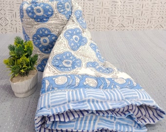 Handmade Floral Block Print Baby Quilt: Organic Cotton Throw (44" X 70")