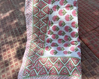 Reversible Jaipuri Razai Blanket, Queen Size Floral Block Print Cotton Quilt