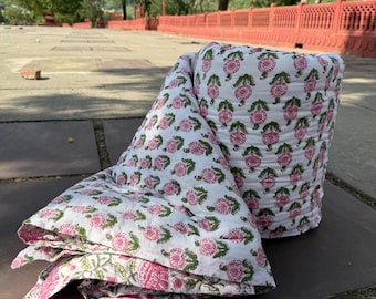 Floral Block Print Baumwollquilt: Wendedecke Rajesthan Zarazai