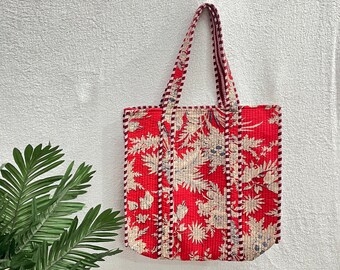 Handmade Floral Print Quilted Tote Bag: Indian Cotton Shopping Bag