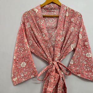 Floral Block Print Cotton Kimono Robe: Handmade Beach Cover Up