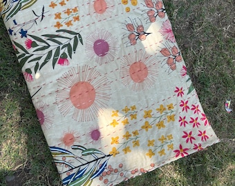 Couette kantha en coton imprimé blocs à la main, couvre-lit à fleurs, jeté cousu main